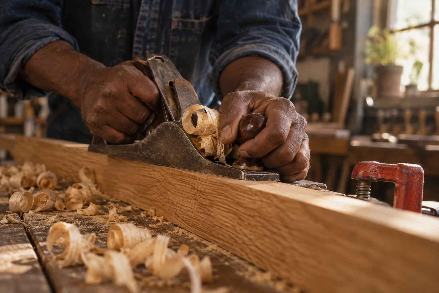 A craftsperson carefully planing oak by hand in a sunlit workshop