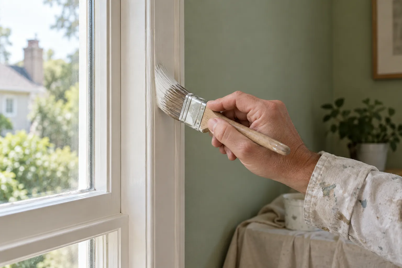AI-generated illustration of a painter brushing white window trim